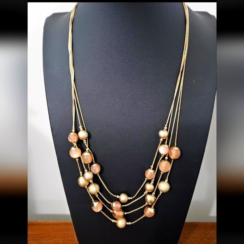 4 Strand Coldwater Creek Gold Tone Pink Beaded Necklace 22" NWOT EXCELLENT COND